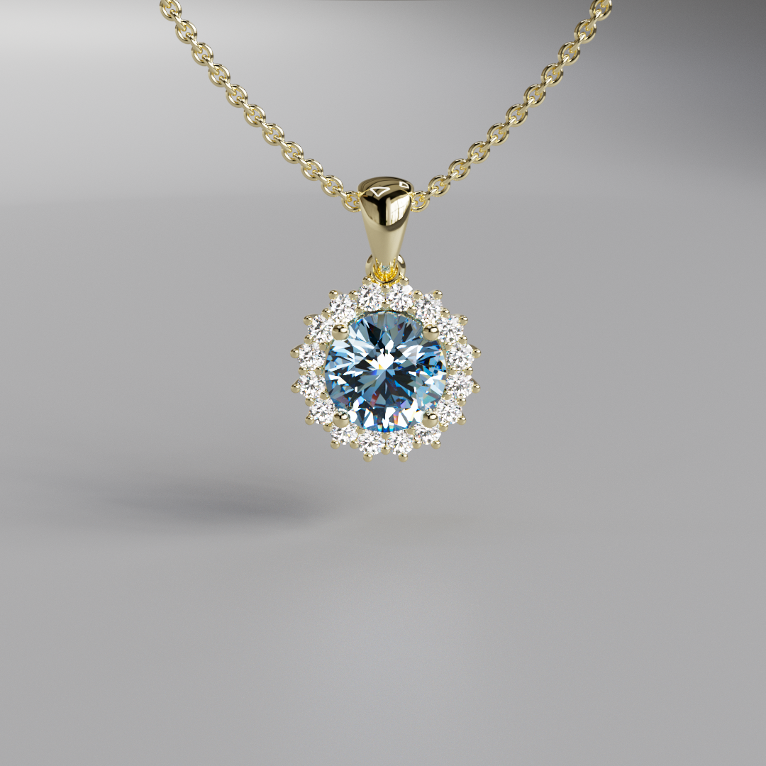 Blue Round Diamond Halo Pendant - 1ct