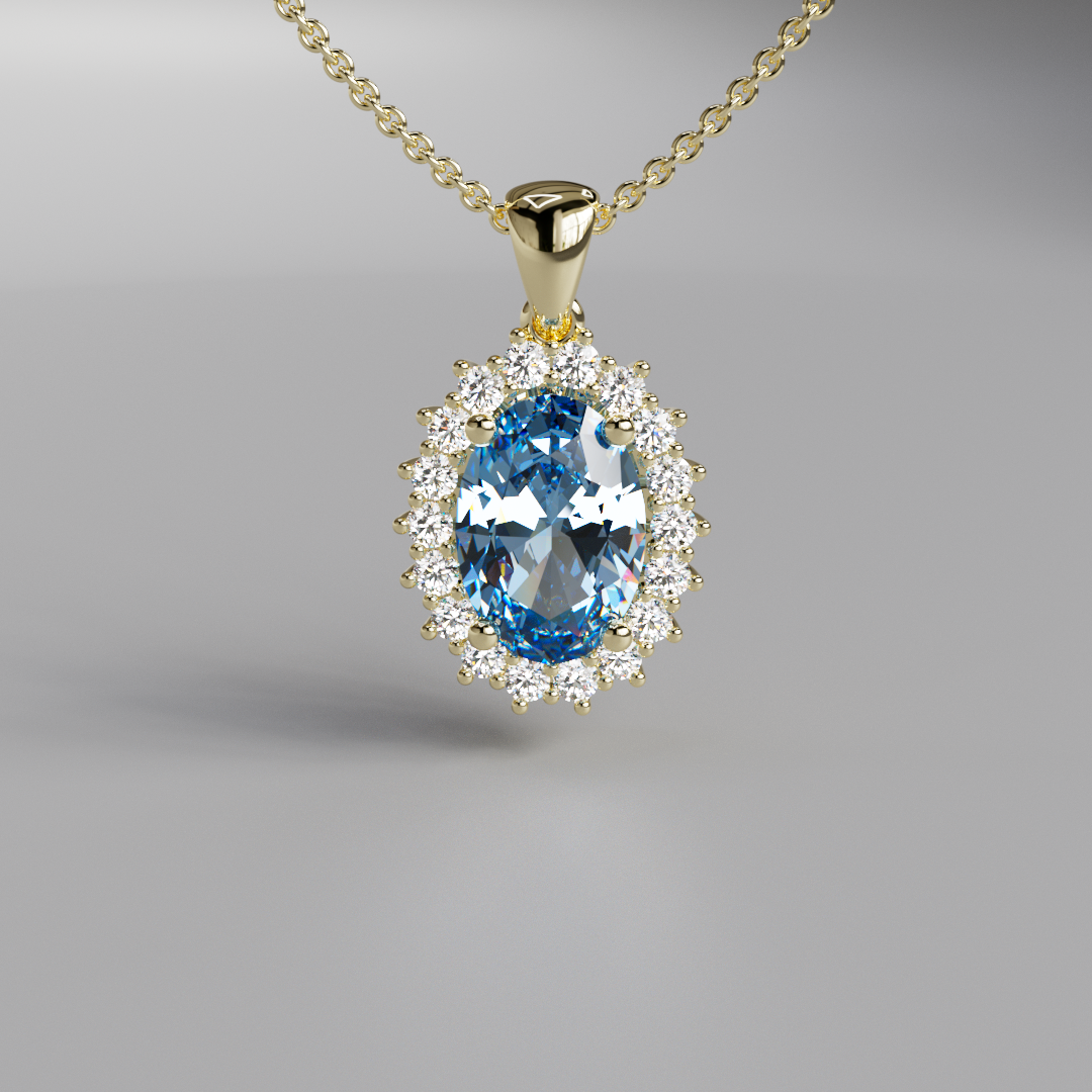 Blue Oval Diamond Halo Pendant - 2ct