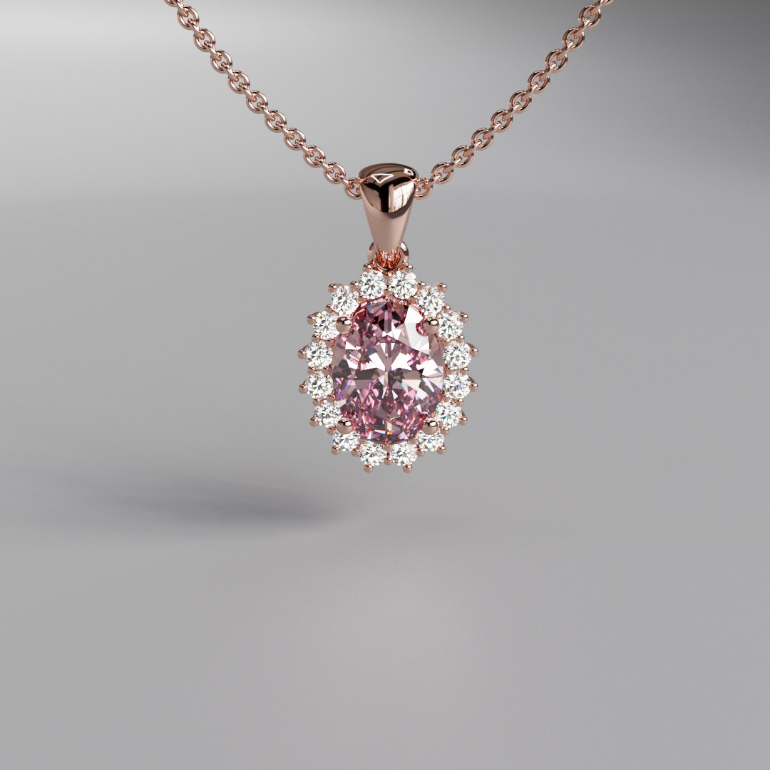 Pink Oval Diamond Halo Pendant - 1ct