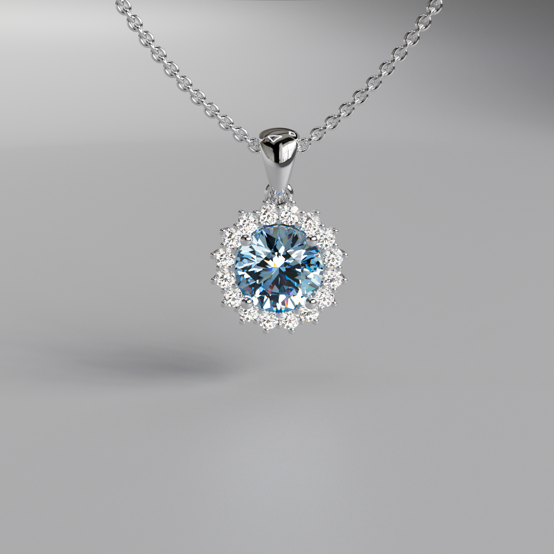 Blue Round Diamond Halo Pendant - 1ct