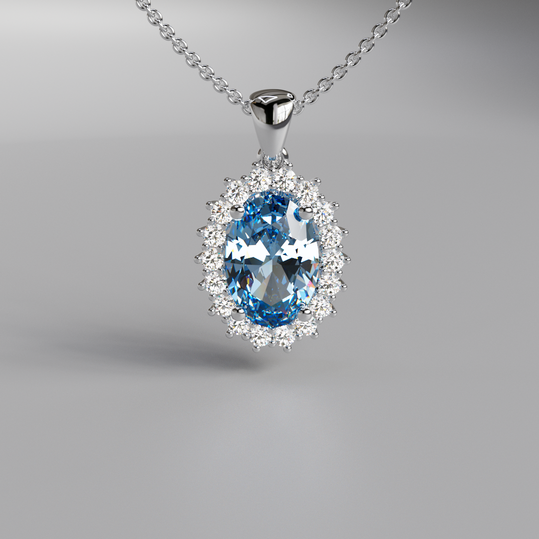 Blue Oval Diamond Halo Pendant - 2ct