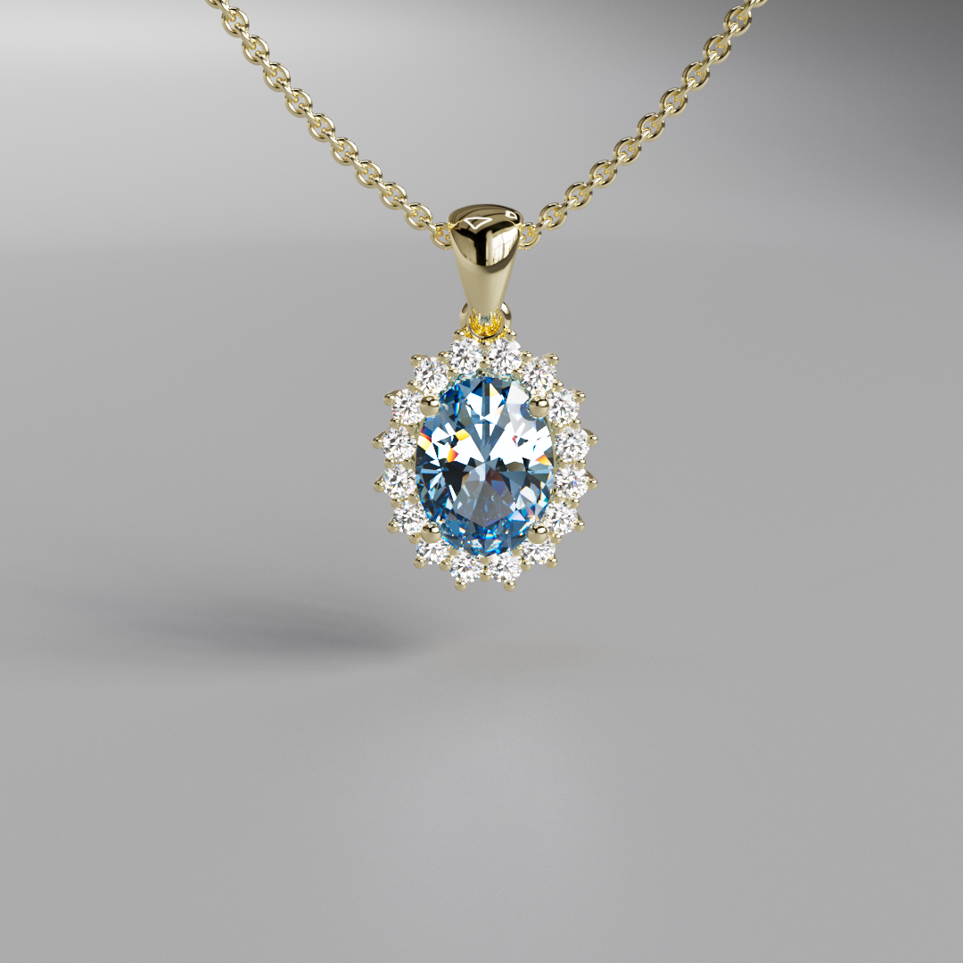 Blue Oval Diamond Halo Pendant - 1ct
