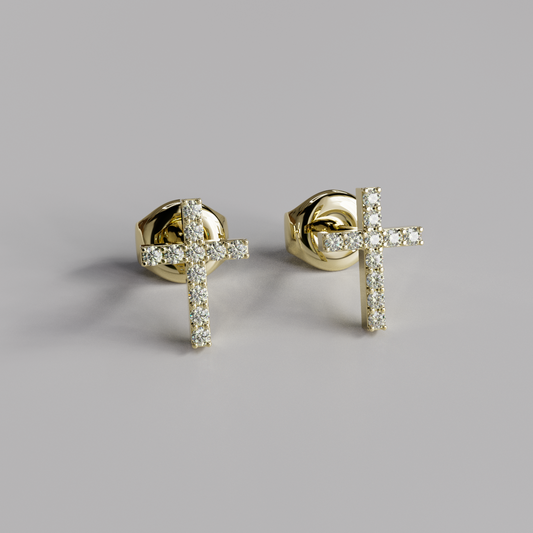 Diamond Cross Earstuds - Yellow Gold