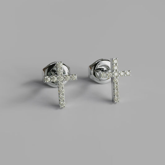 Diamond Cross Earstuds - White Gold
