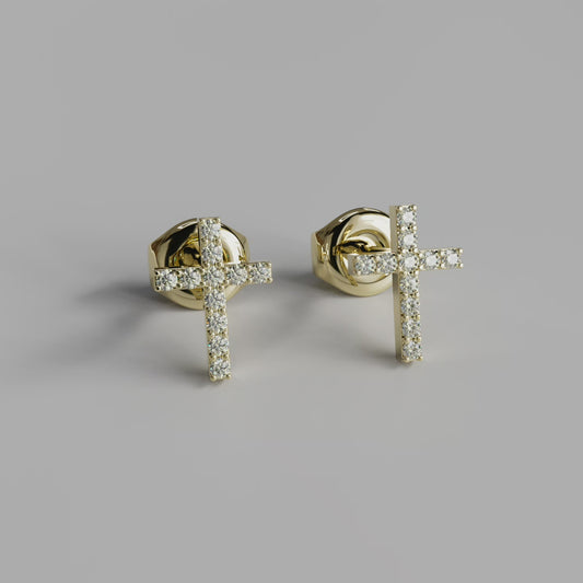 Diamond Cross Earstuds - Yellow Gold