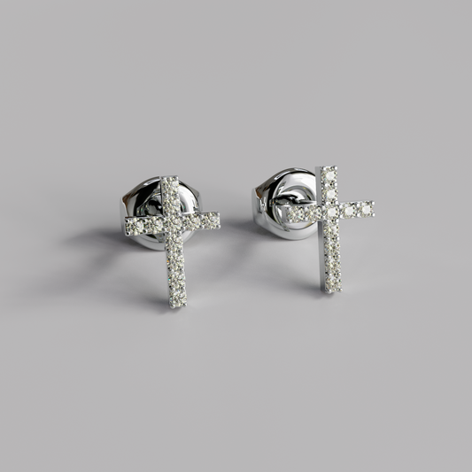 Diamond Cross Earstuds - White Gold