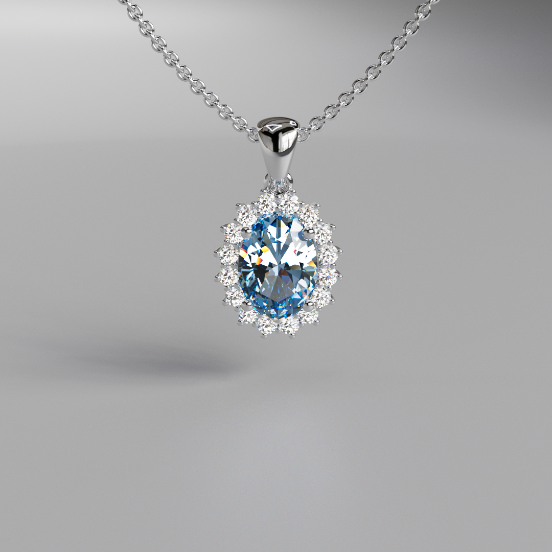 Blue Oval Diamond Halo Pendant - 1ct